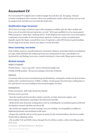 First page of the Accountant CV Example .docx, showing qualification stage and show ownership