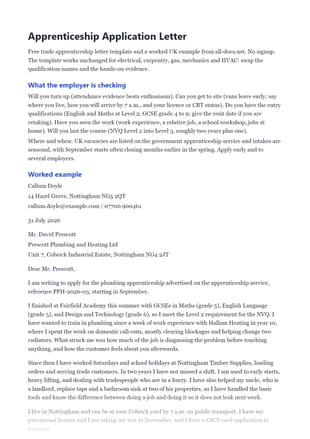 First page of the Plumbing Apprenticeship Application Letter (UK Example) .docx, showing what the employer is checking