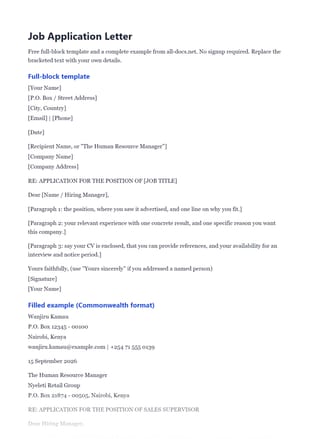 First page of the How to Write an Application Letter .docx, showing full-block template
