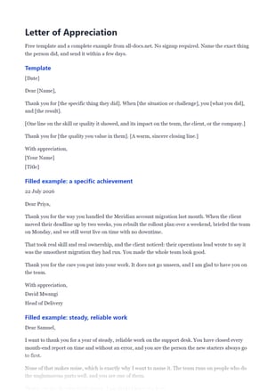 First page of the Appreciation Letter .docx, showing template and filled example