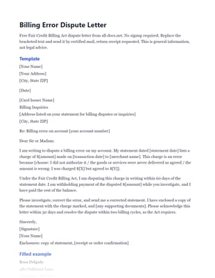 First page of the Billing Error Dispute Letter (FCBA) .docx, showing template and filled example