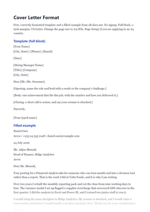 First page of the Cover Letter Format .docx, showing template and filled example