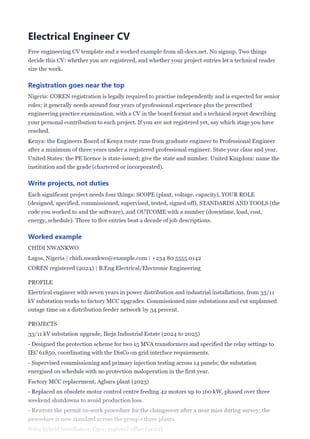 First page of the Electrical Engineer CV .docx, showing registration goes near the top