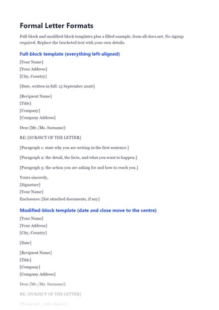 First page of the Formal Letter Format .docx, showing full-block template and modified-block template