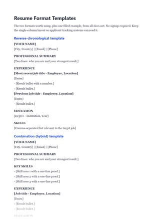 First page of the Resume Format Guide .docx, showing reverse-chronological template and combination