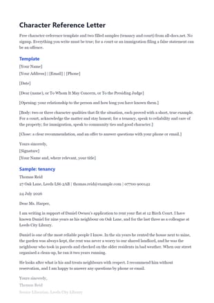 First page of the Character Reference Letter .docx, showing template and sample