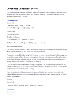 First page of the How to Write a Complaint Letter That Gets a Result .docx, showing filled example