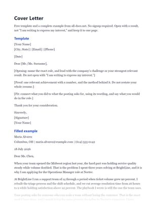 First page of the How to Write a Cover Letter (Example .docx, showing template