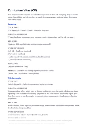 First page of the How to Write a CV .docx, showing template and filled example