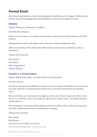 First page of the How to Write a Formal Email .docx, showing skeleton and example 1
