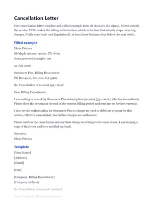 First page of the Cancellation Letter .docx, showing filled example and template