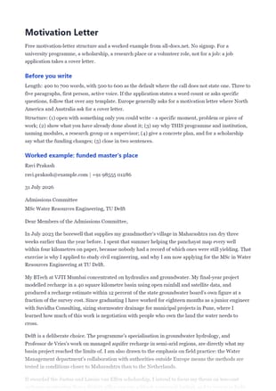 First page of the Motivation Letter .docx, showing before you write and worked example