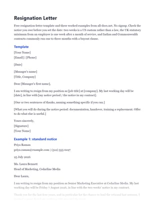 First page of the Resignation Letter .docx, showing template and example 1