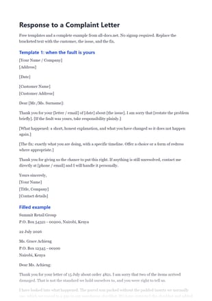First page of the How to Respond to a Complaint Letter .docx, showing template 1