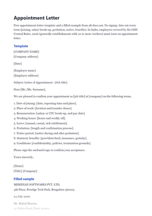 First page of the Appointment Letter .docx, showing template and filled sample