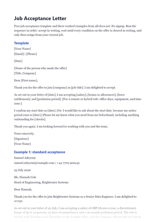 First page of the Job Acceptance Letter .docx, showing template and example 1