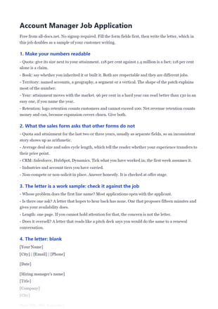 First page of the Account Manager Job Application Form and Letter Template .docx, showing make your numbers readable