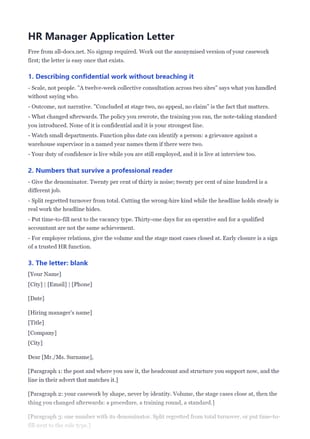 First page of the Human Resources Manager Application Letter .docx, showing the letter and credentials
