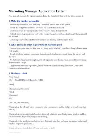 First page of the Marketing Manager Application Letter .docx, showing make the number defensible