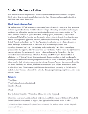 First page of the Reference Letter for a Student .docx, showing check the destination first