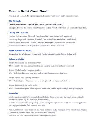 First page of the Resume Writing Tips .docx, showing the formula and strong action verbs