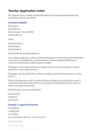 First page of the Teacher Application Letter Examples and Template .docx, showing full-block template