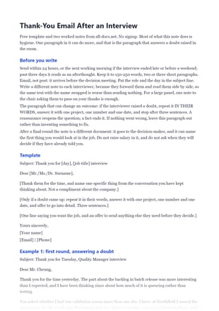 First page of the Thank-You Email After an Interview .docx, showing before you write and template