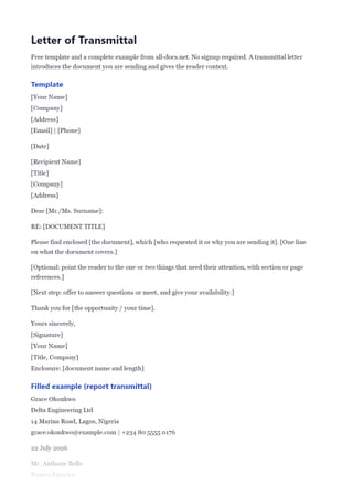 First page of the Letter of Transmittal .docx, showing template and filled example