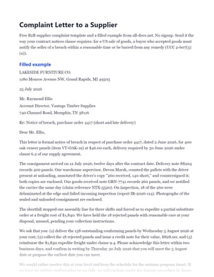 First page of the Complaint Letter to a Supplier (B2B) .docx, showing filled example and template