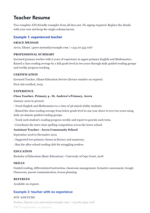 First page of the Teacher Resume Examples and Free Template .docx, showing example 1