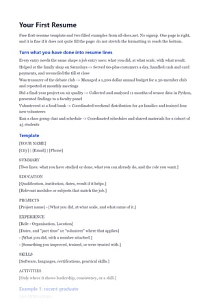 First page of the Your First Resume .docx, showing template and example 1